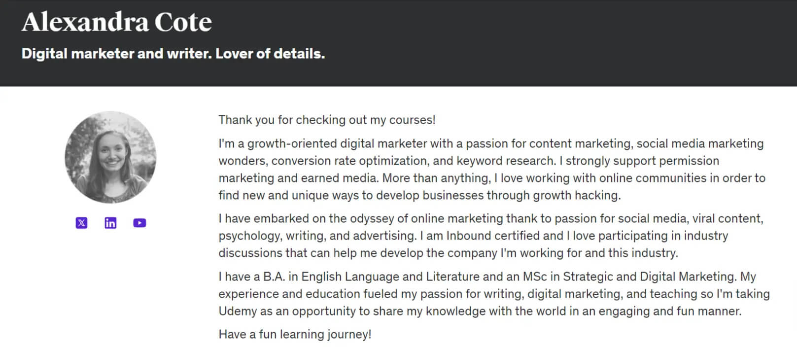 Example instructor profile by Alexandra Cote on Udemy.