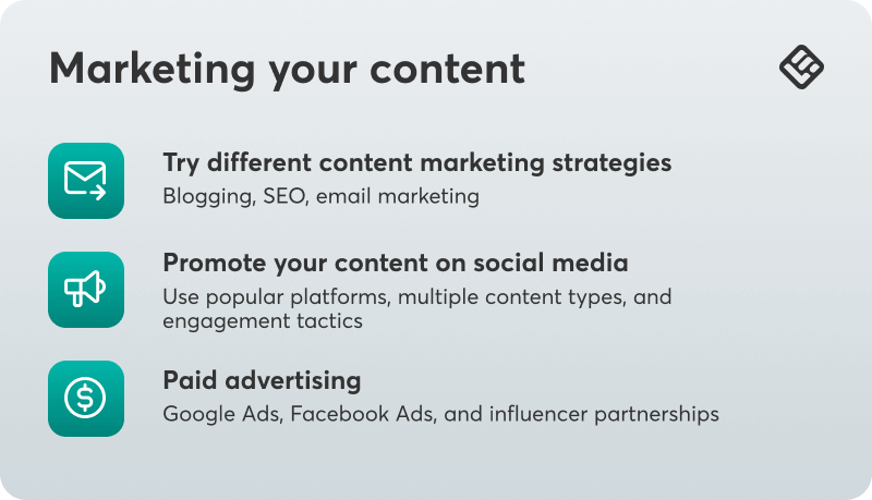 A visual showing tips on how to market your digital content.