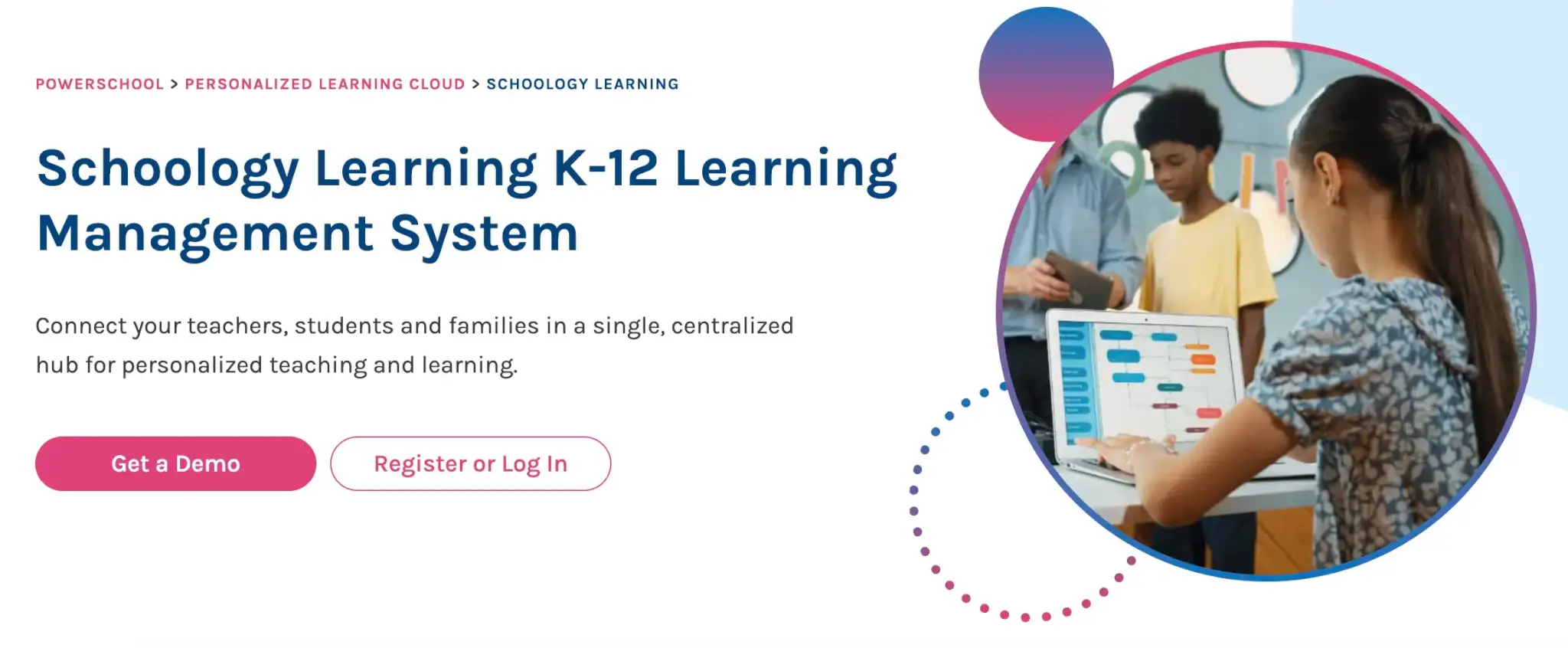 Schoology Learning homepage showcasing its K-12 learning management system for personalized teaching and collaboration.